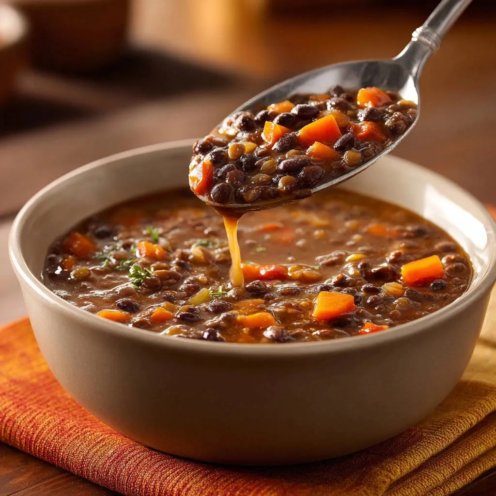 Hearty lentil soup with carrots, captured as a spoonful drips back into the bowl, showcasing its thick texture.