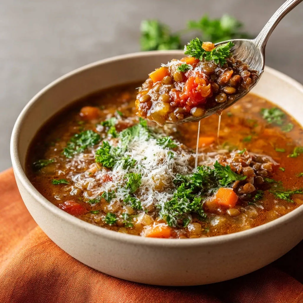 Hearty lentil soup shown in a bowl with a spoonful being lifted, garnished with parsley and grated parmesan cheese.