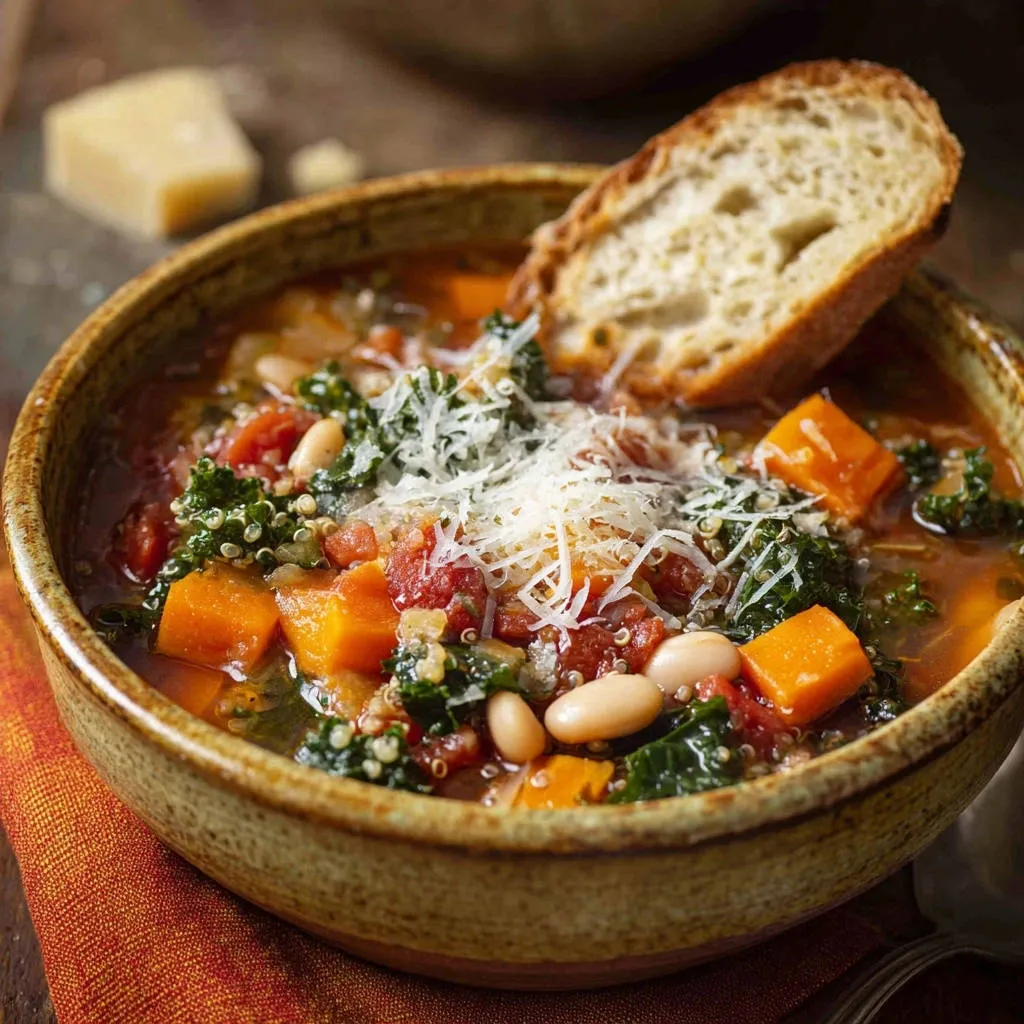 Hearty Veggie & Quinoa Soup served in a rustic bowl with a slice of crusty bread and grated cheese topping.