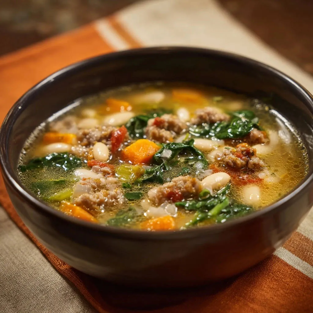Hearty white bean and ground meat soup shown in a close-up view of a dark bowl filled with the flavorful broth.