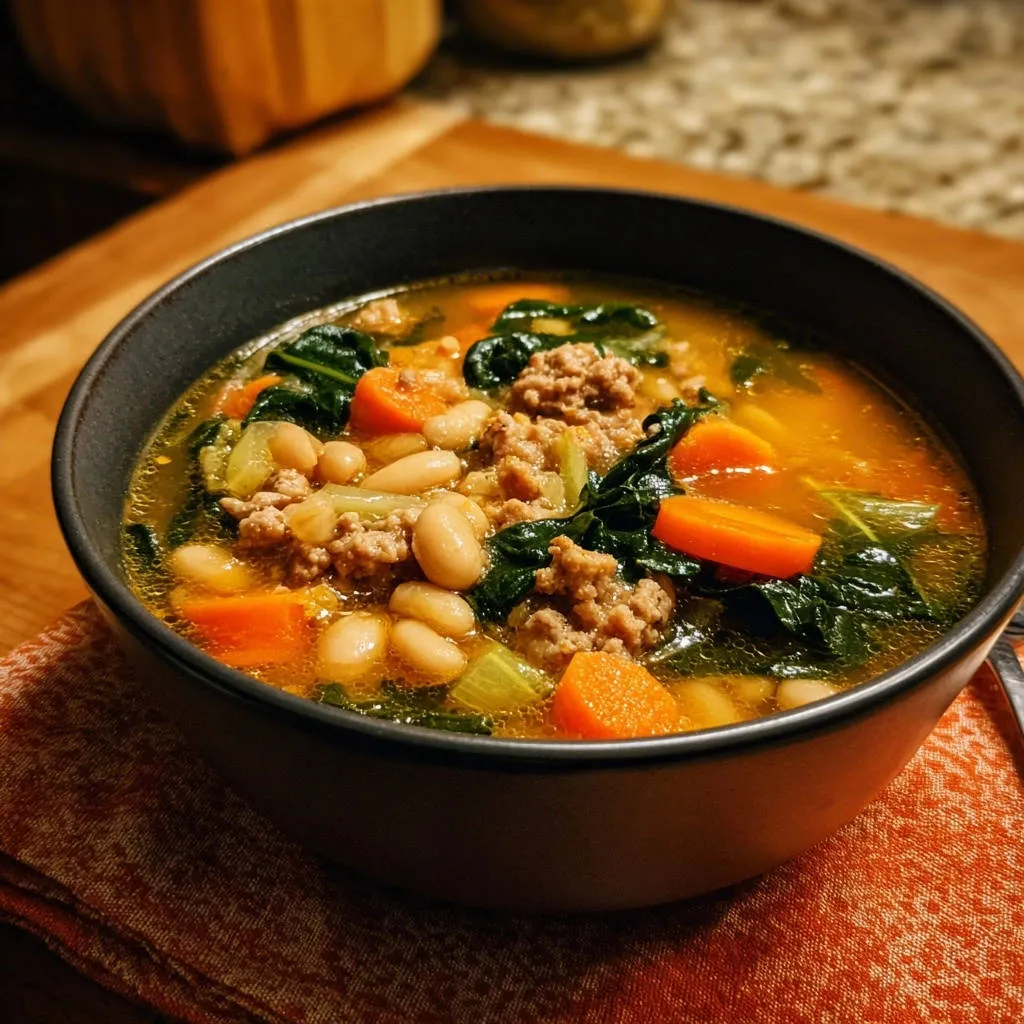Hearty white bean & ground meat soup in a dark bowl, showcasing tender beans, ground meat, and vibrant vegetables.