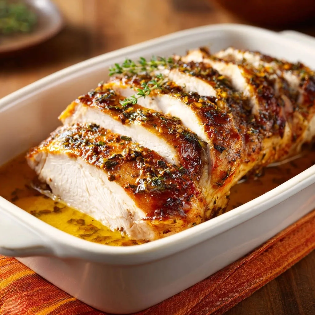 Herb-crusted roasted chicken breast shown sliced in a white baking dish, revealing its juicy interior.