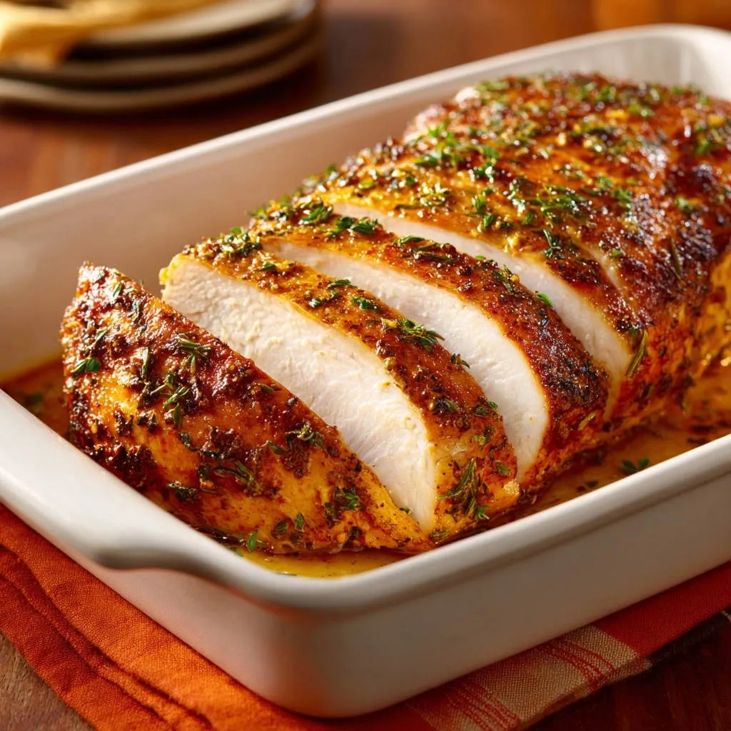 Herb-crusted roasted chicken breast, sliced and served in a white baking dish with fresh herbs.