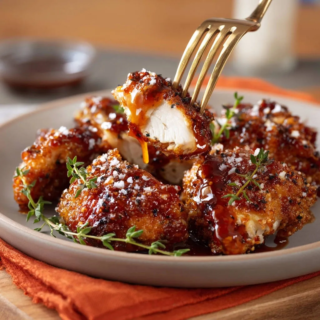 Honey garlic glazed chicken thighs shown with a fork lifting a piece to reveal a juicy cross-section.