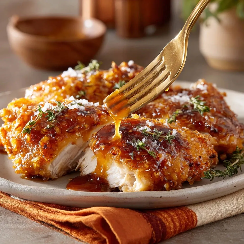 Honey garlic glazed chicken thighs shown in a cross-section as golden glaze drips from a fork.