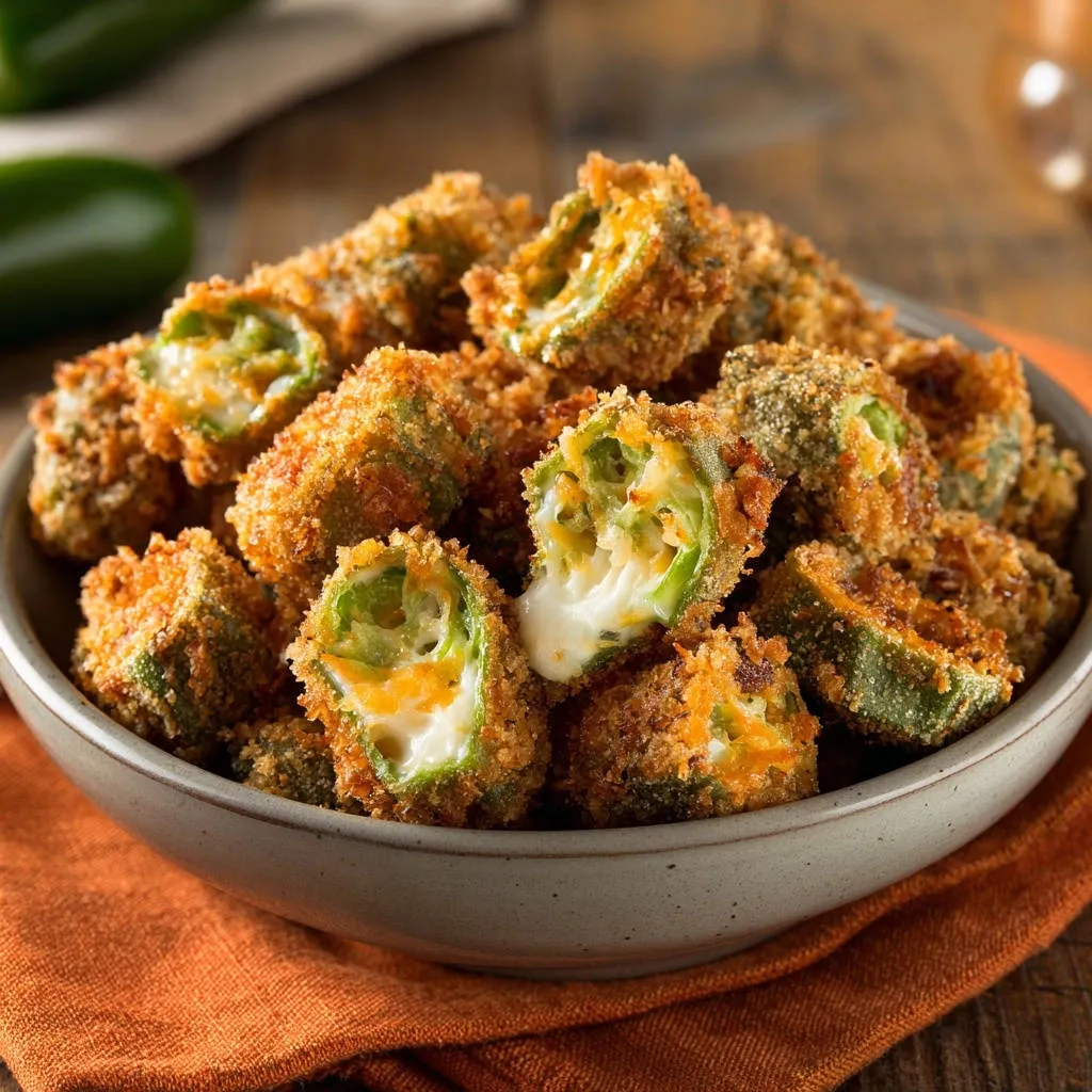 Crispy jalapeño cheese bites shown in a cross-section, revealing the melted cheese interior.