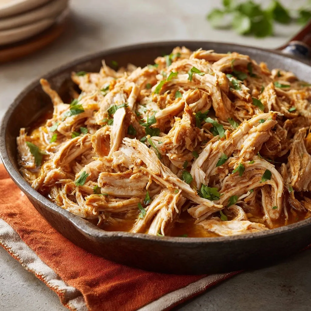Juicy shredded chicken in a skillet, garnished with fresh parsley, showcasing its tender texture.
