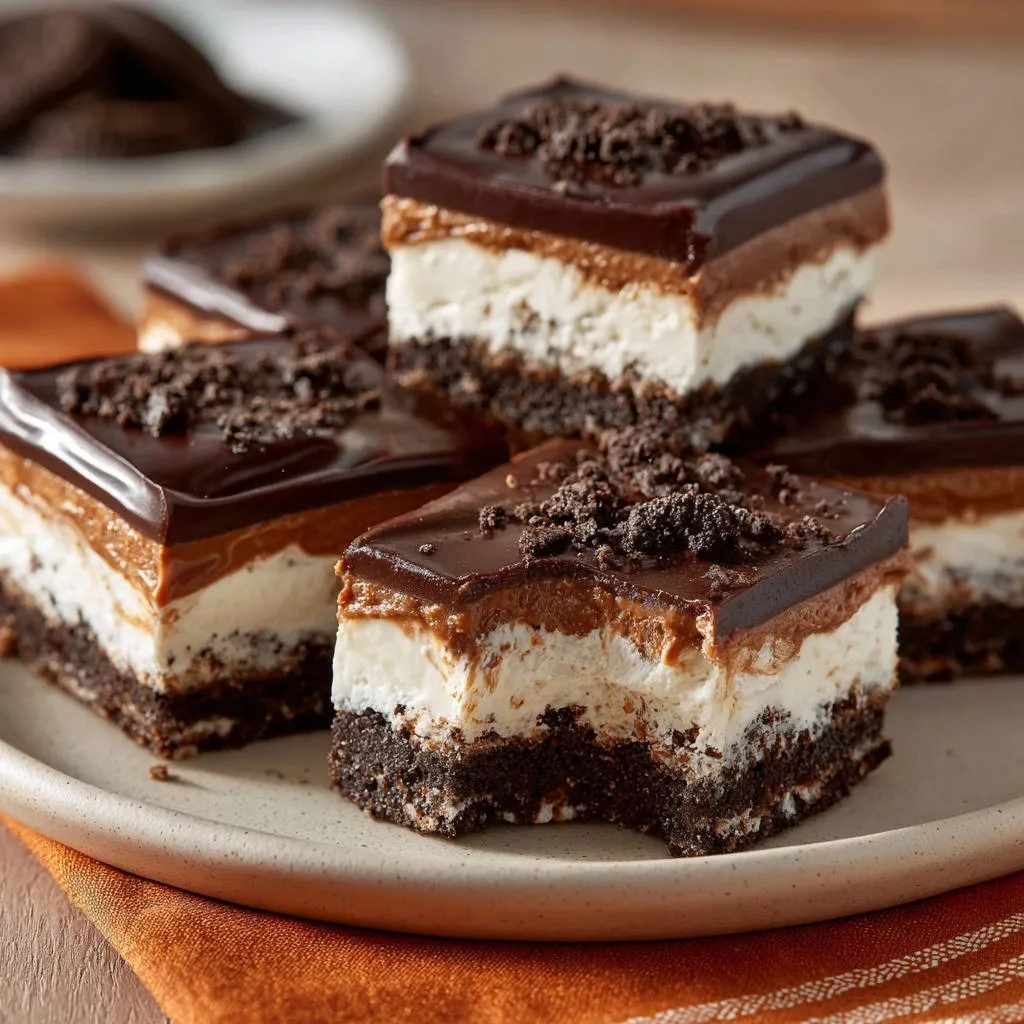 Layered chocolate cookie dream bars shown in a close-up cross-section revealing their distinct cookie, cream, and chocolate layers.