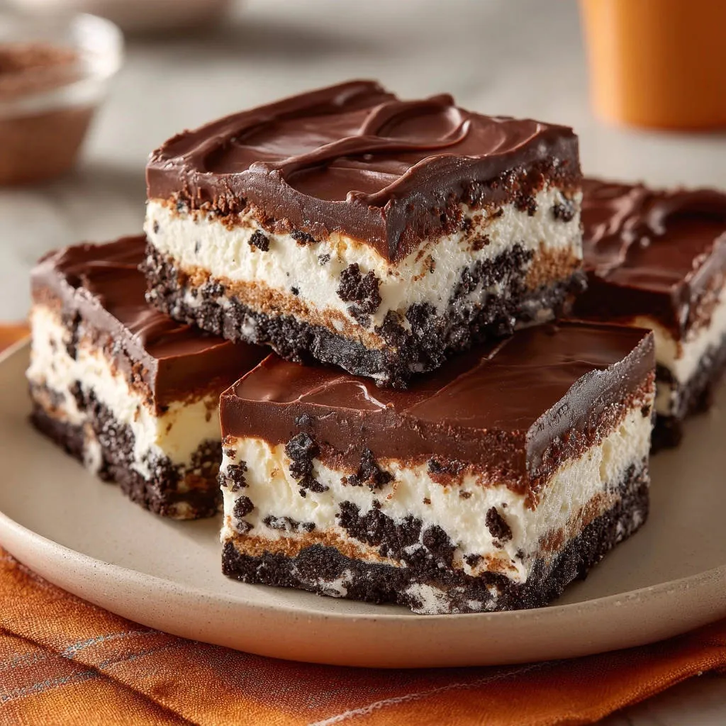 Layered Chocolate Cookie Dream Bars showing a cross-section of the cookie crust, creamy filling, and chocolate topping.