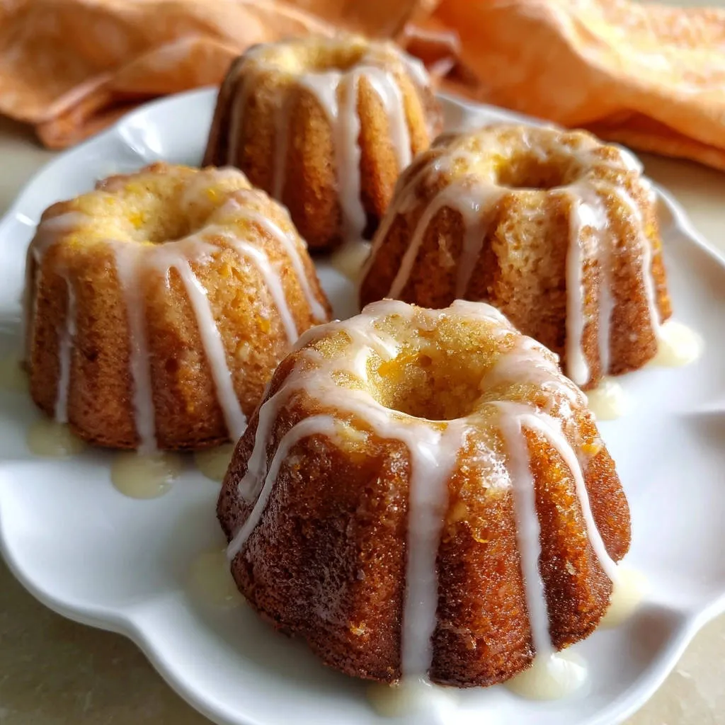 Lemon glazed mini cakes are presented four on a white platter, drizzled with a sweet glaze.