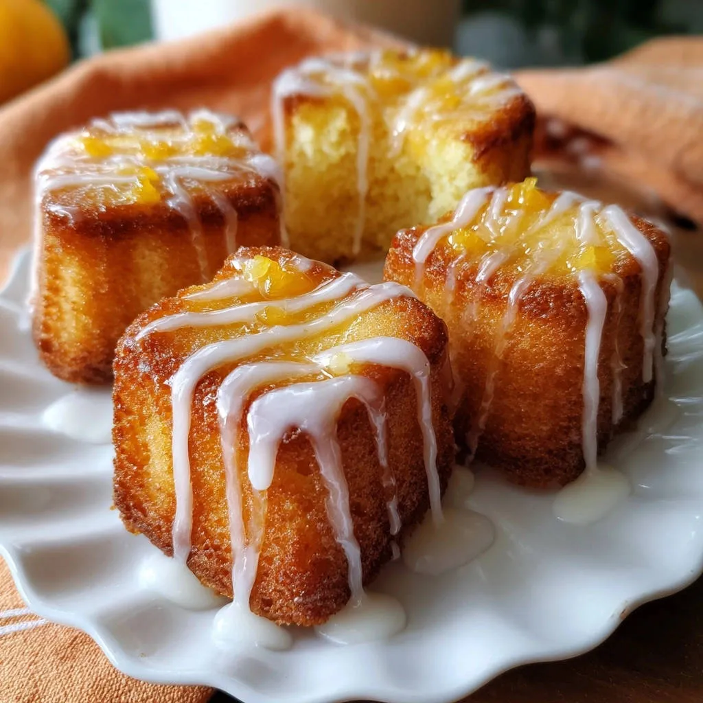 Lemon glazed mini cakes with a white glaze drizzle and orange zest garnish, presented on a white plate.
