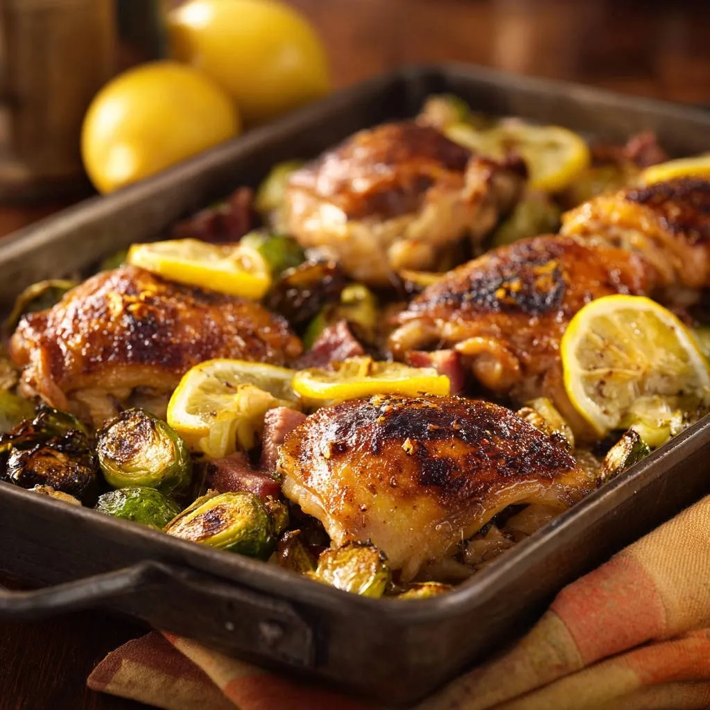 One-pan lemon herb chicken and brussels sprouts shown in a baking pan with lemon slices and roasted vegetables.