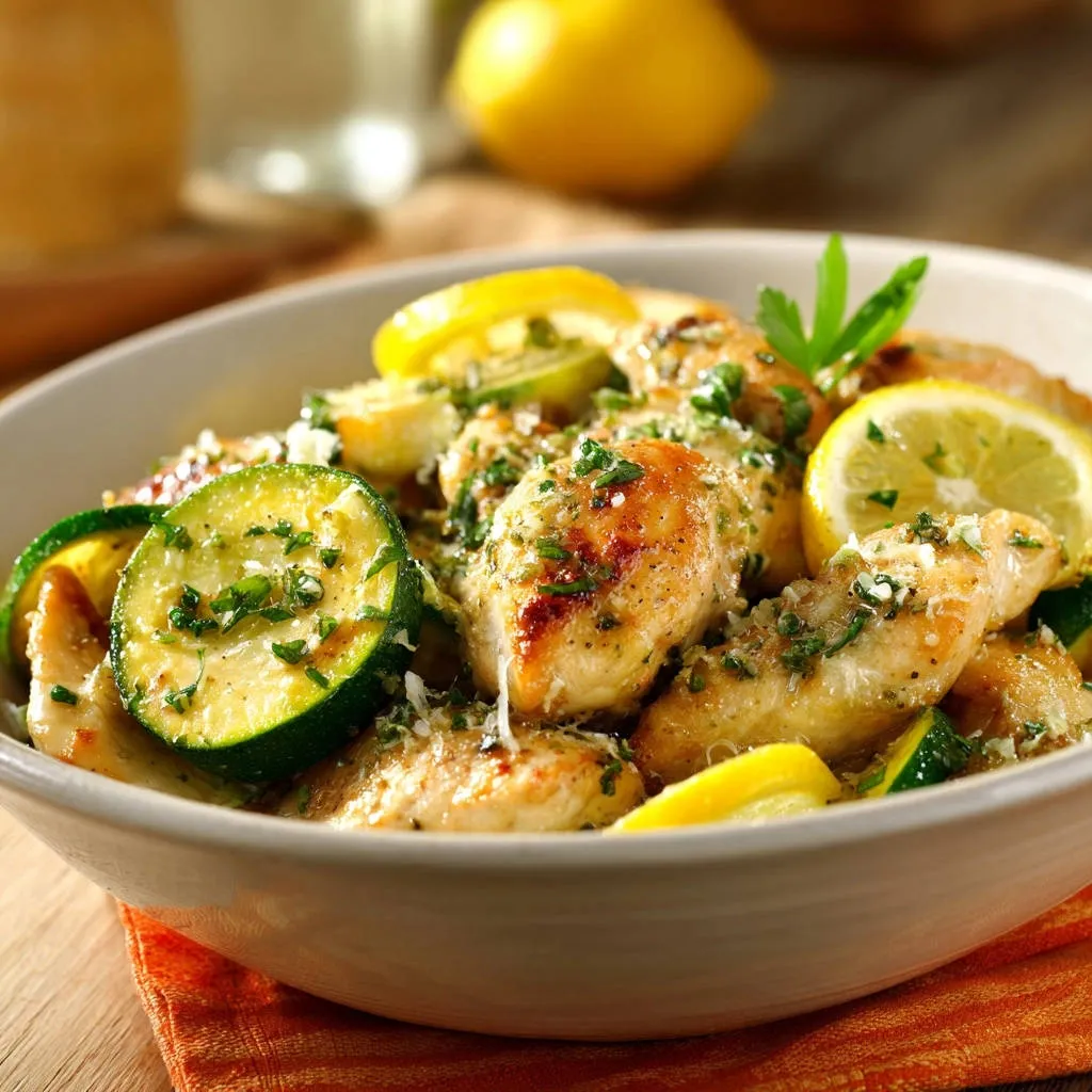 Lemon herb chicken with zucchini served in a bowl, showcasing tender bites and sliced vegetables with a garnish.