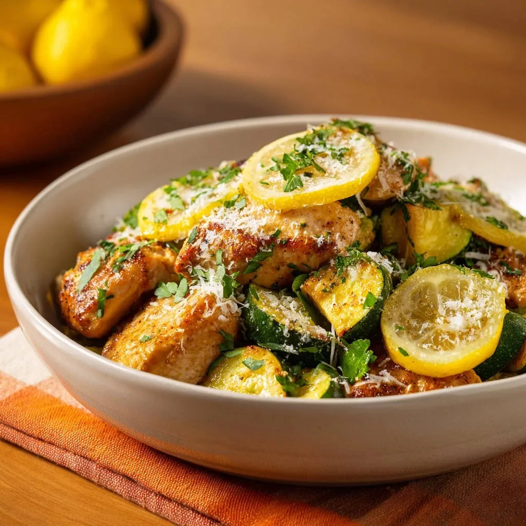Lemon herb chicken with zucchini served in a bowl, garnished with lemon slices and parsley.