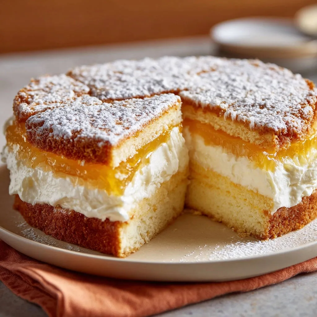 Lemon Orange Dream Cake cross-section showing fluffy cake layers, whipped cream, and bright orange jam filling.