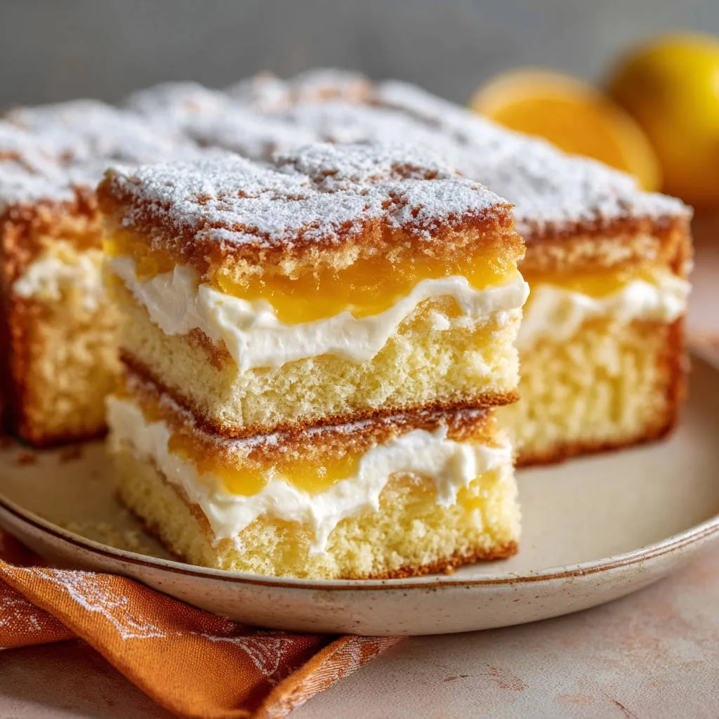 Lemon Orange Dream Cake stacked slice cross-section revealing fluffy layers of cake, cream, and orange filling.