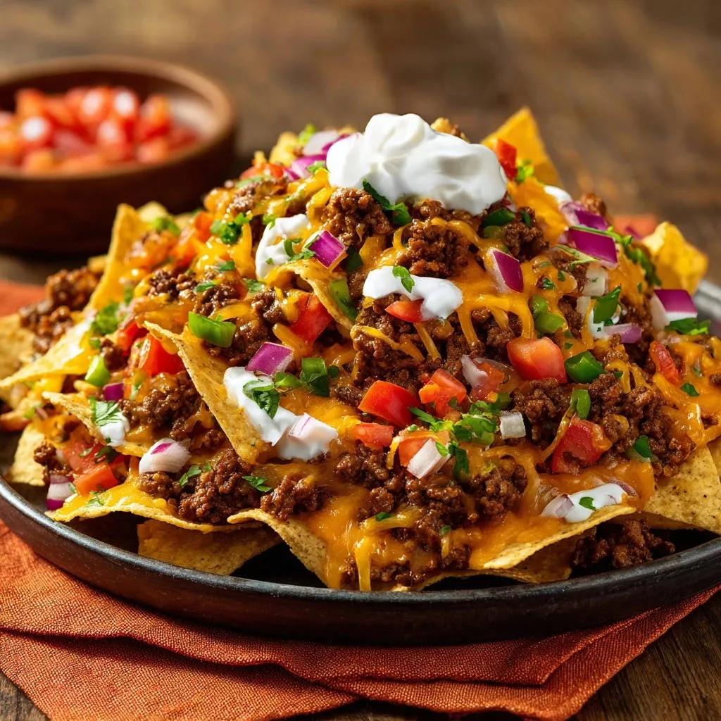 Loaded beef nachos with melted cheese, sour cream, tomatoes, and onions, presented in a close-up view of the toppings.