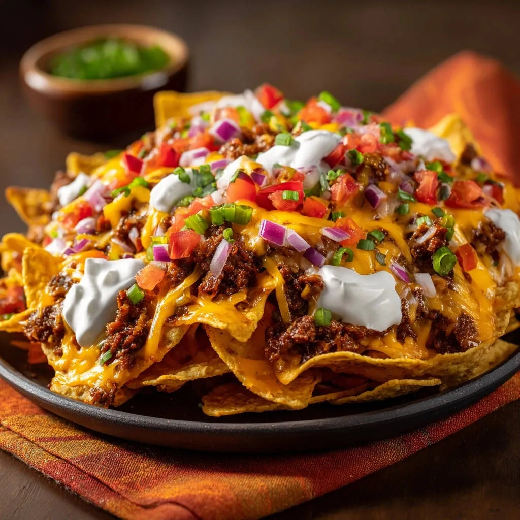 Loaded beef nachos with melted cheese, sour cream, tomatoes, and onions, showcasing a close-up of the savory topping.