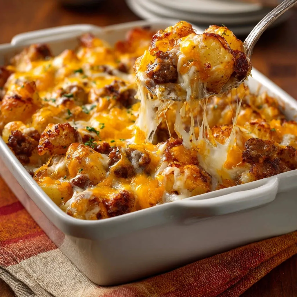 Loaded potato and ground beef bake with a cheesy serving being lifted out of the dish.
