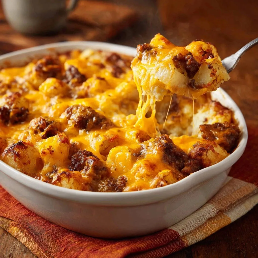 Loaded Potato & Ground Beef Bake with a fork lifting a cheesy portion, showing melted cheese strings.