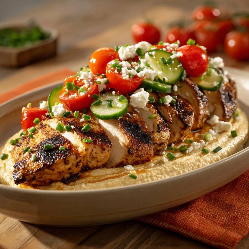 Mediterranean grilled chicken bowl topped with hummus, cherry tomatoes, cucumber, and feta cheese.