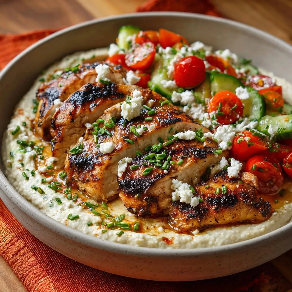 Mediterranean grilled chicken bowl sliced and served over creamy hummus with fresh tomato and cucumber salad.