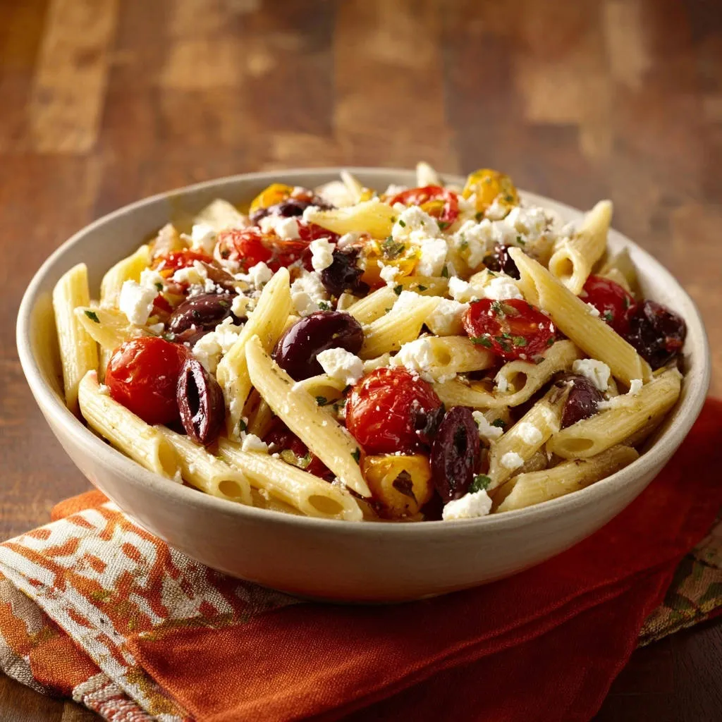 Mediterranean penne pasta salad in a bowl, showcasing penne pasta, cherry tomatoes, olives, and feta cheese.