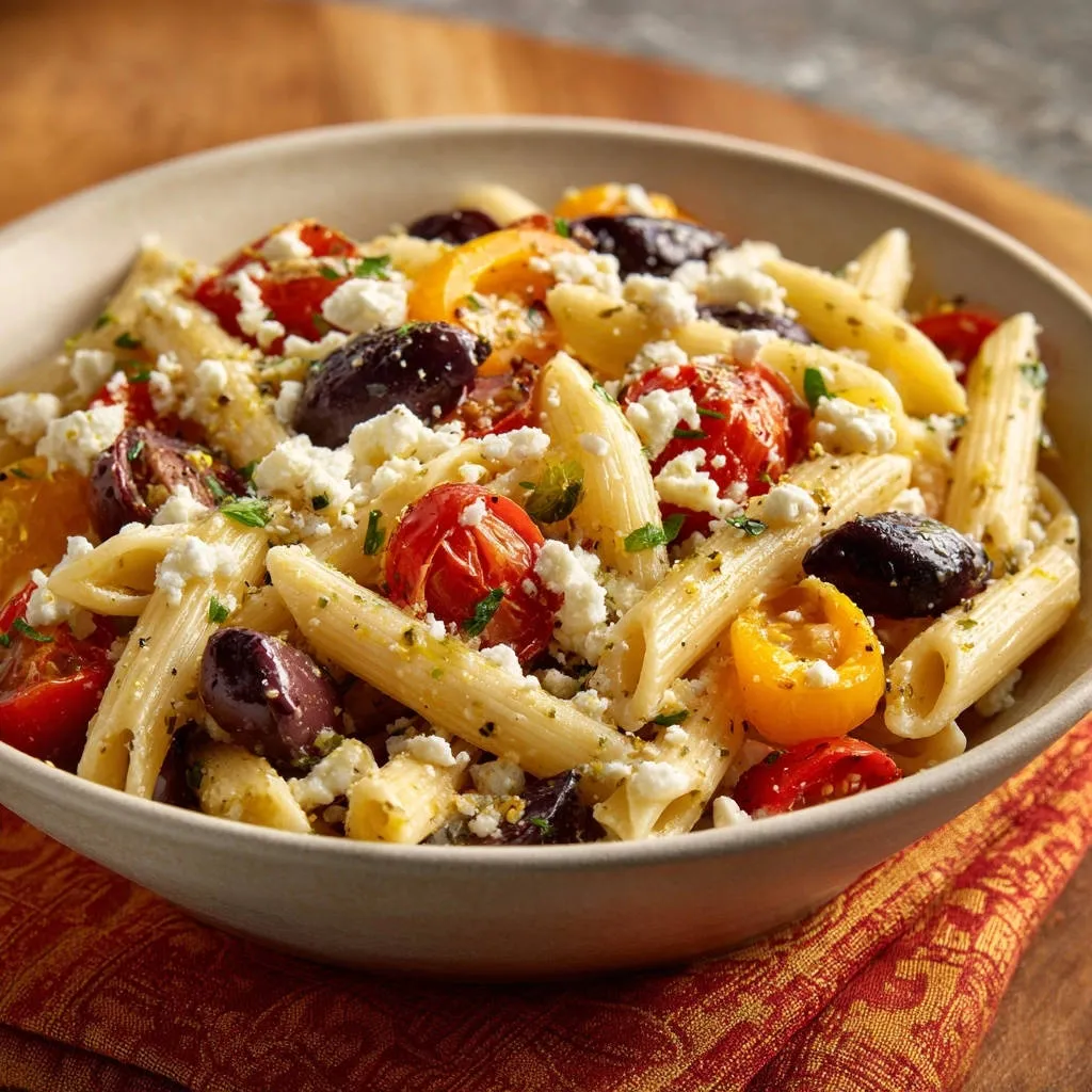 Mediterranean penne pasta salad with tomatoes, olives, and feta, shown in a detailed close-up view.