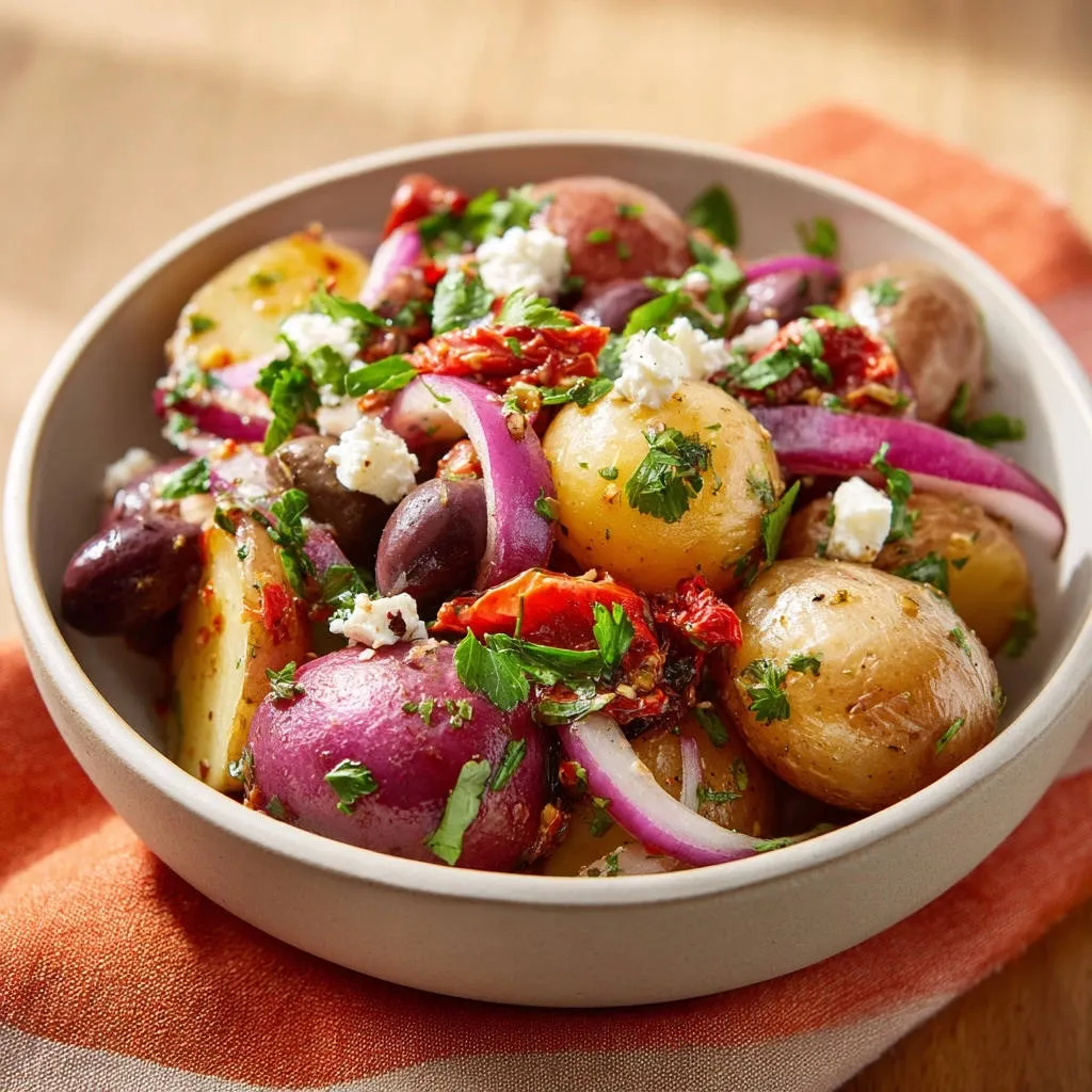 Mediterranean potato salad with olives, sun-dried tomatoes, and feta cheese in a bowl.