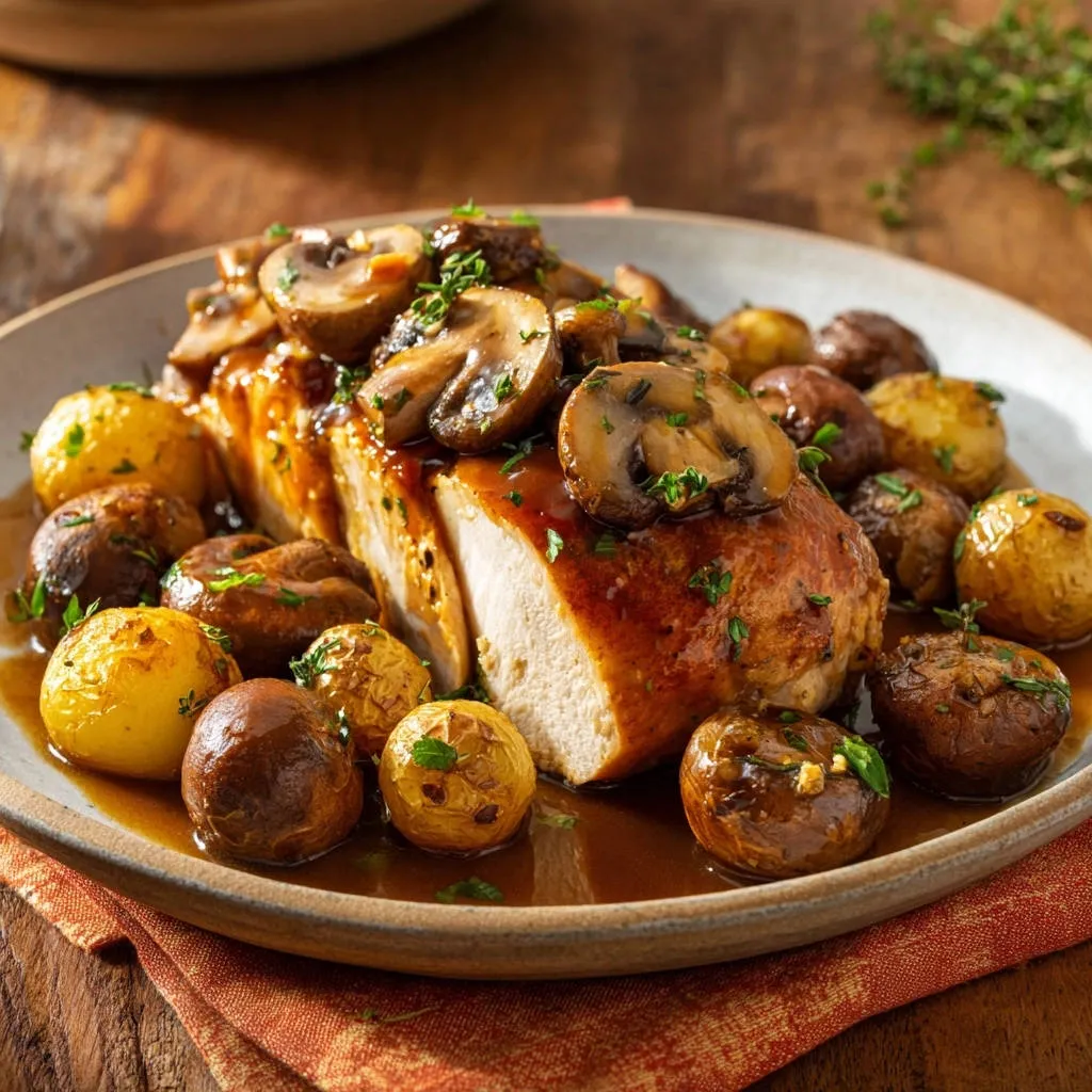 Hearty mushroom chicken served with roasted potatoes, showing a tender cross-section of the chicken breast.