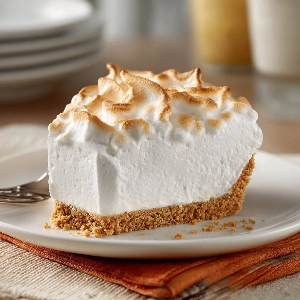 Easy no-bake lemon cream pie slice with toasted meringue topping and graham cracker crust on a white plate.