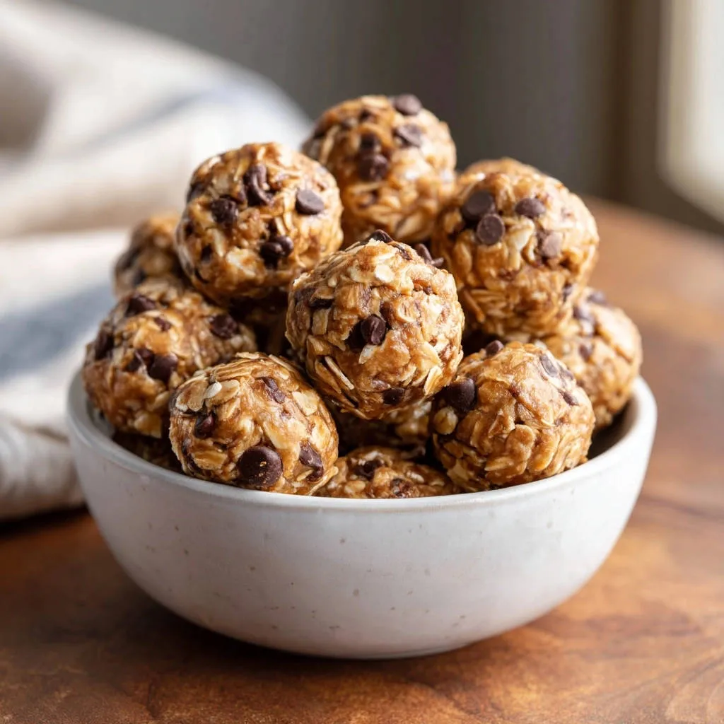 No-bake oatmeal chocolate chip energy bites piled high in a white bowl, showing their textured interior.