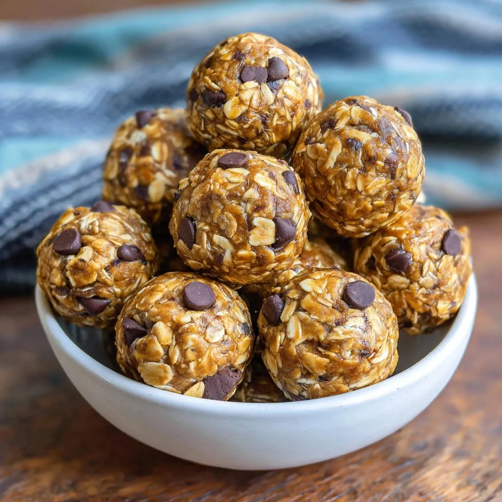 No-bake oatmeal chocolate chip energy bites are piled high in a white bowl, showing the textured detail of the ingredients.