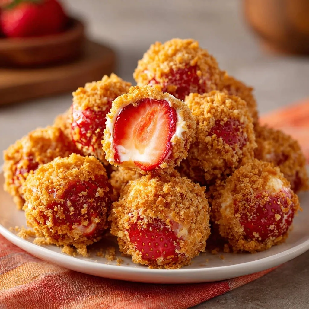 No-bake strawberry cheesecake bites shown in a close-up cross-section revealing the creamy filling and fresh strawberry interior.