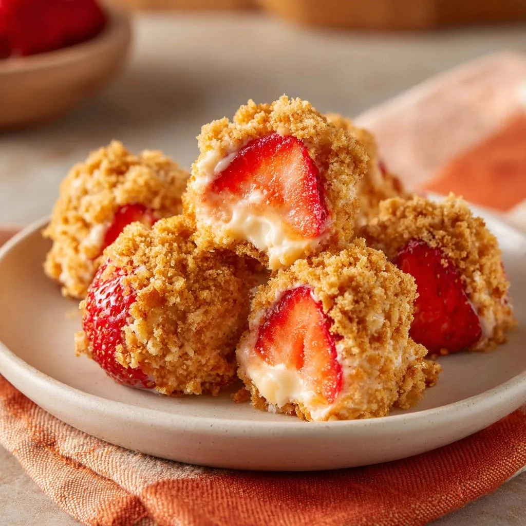No-bake strawberry cheesecake bites showing a creamy interior and strawberry half on a plate.
