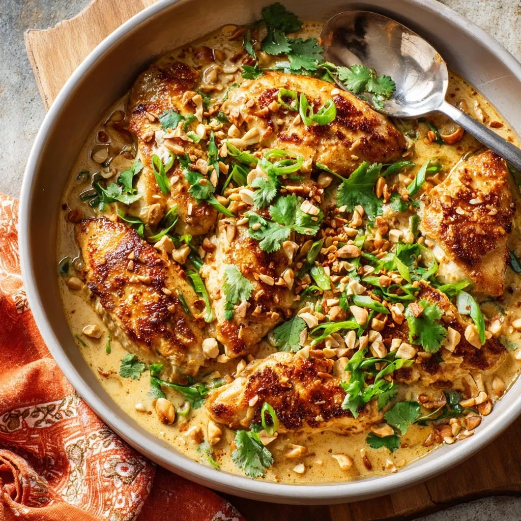 One-pan crispy skinned chicken thighs dish garnished with chopped peanuts and cilantro, viewed from above.