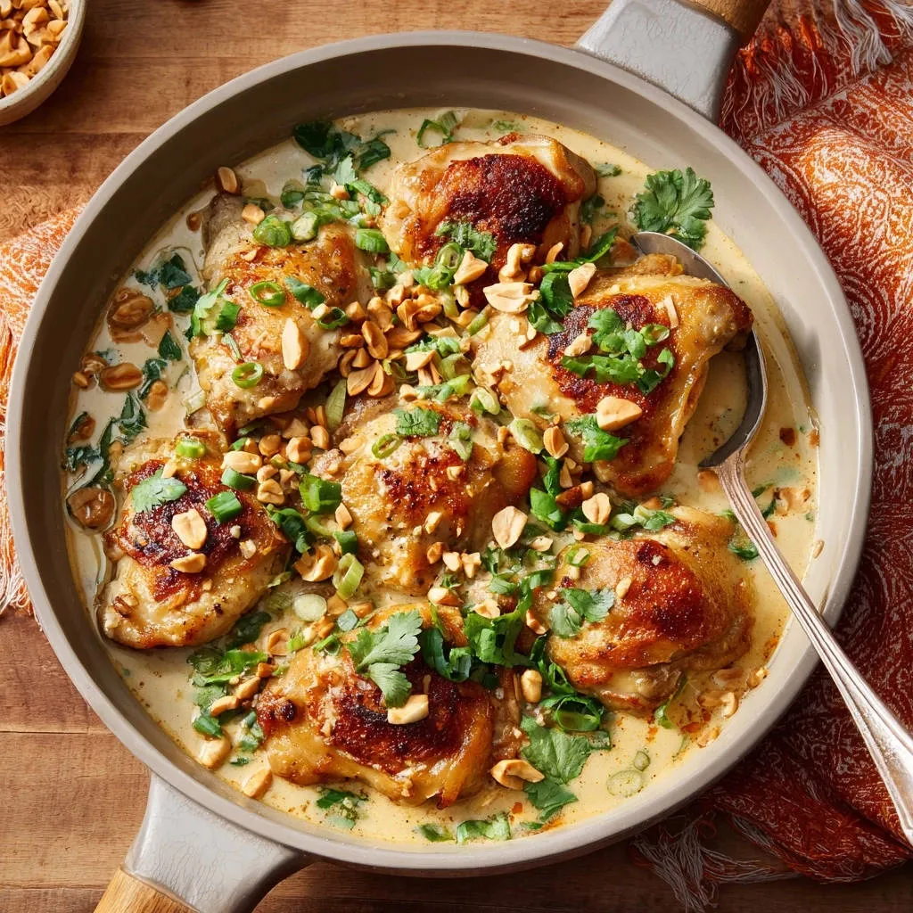 One-pan crispy skinned chicken thighs in a creamy sauce, garnished with peanuts and cilantro, viewed from directly overhead.