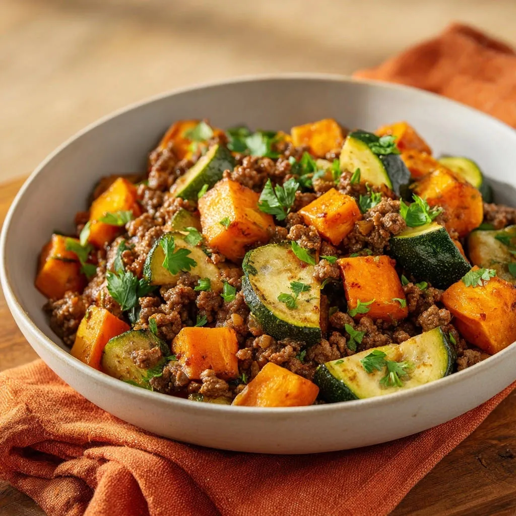 One-pan ground beef & veggie skillet served in a close-up bowl with sweet potatoes and zucchini