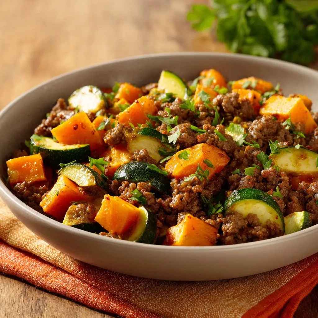 One-pan ground beef & veggie skillet served in a rustic bowl, showcasing tender beef, sweet potato, and zucchini.