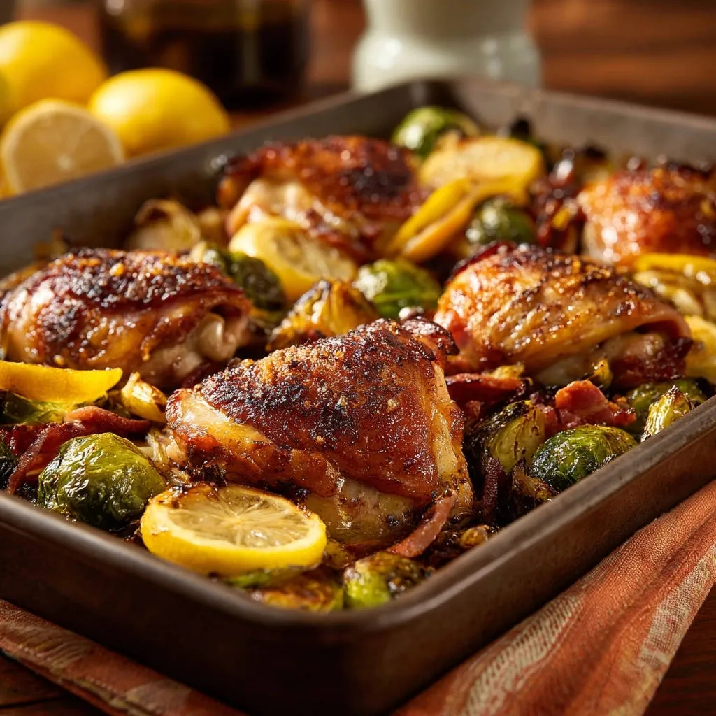 One-pan lemon herb chicken and brussels sprouts roasted with lemon slices and bacon in a baking tray.