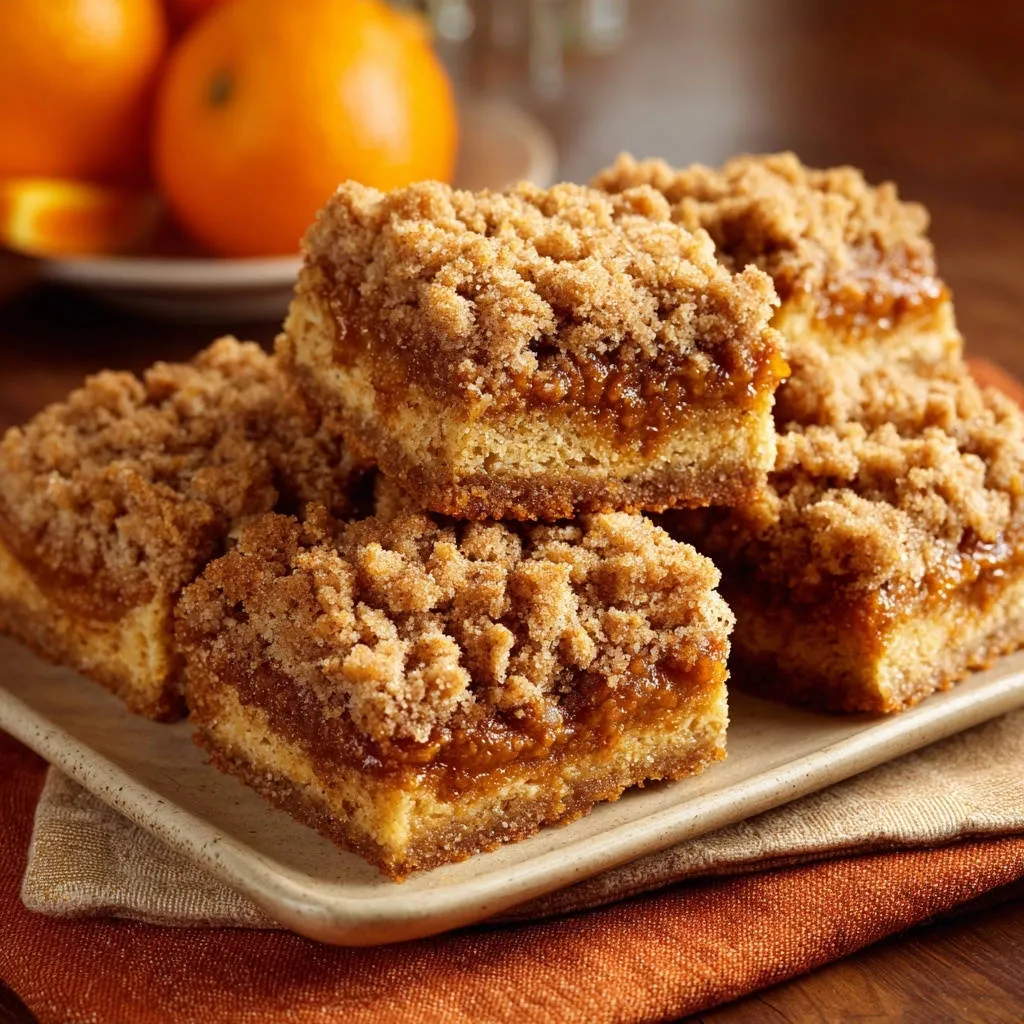 Orange cinnamon crumb cake bars stacked closely together, showcasing their crumb topping and moist interior.