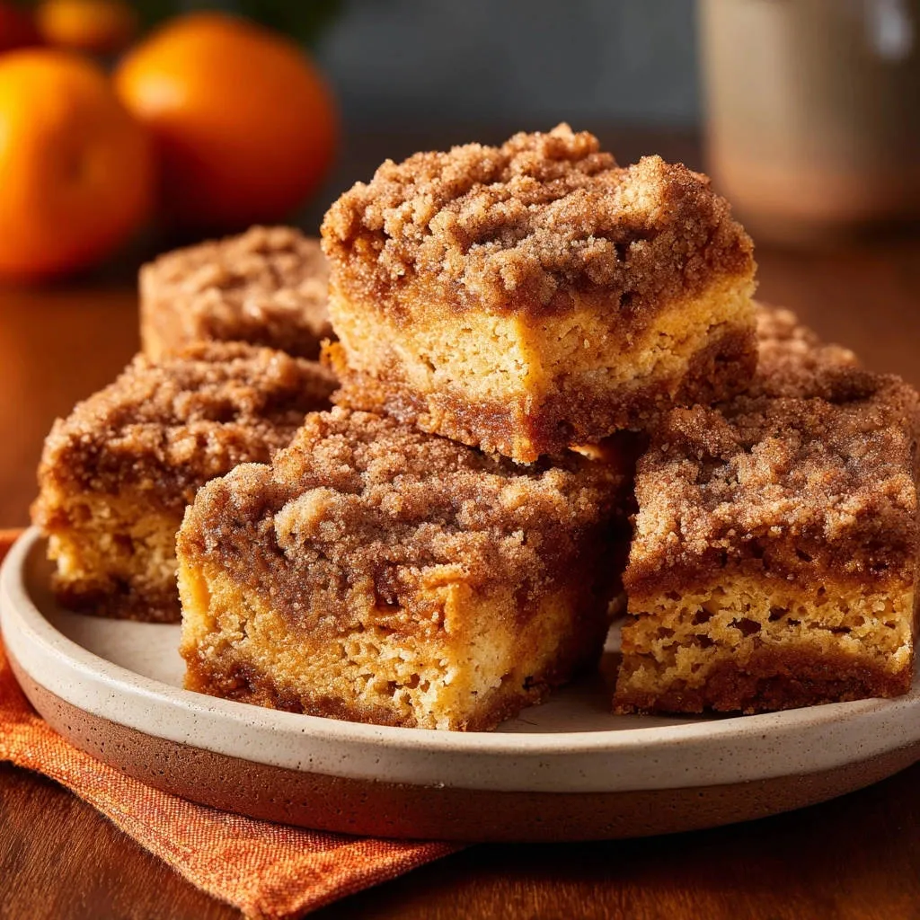 Orange cinnamon crumb cake shown as stacked slices, highlighting the moist crumb and cinnamon streusel topping.