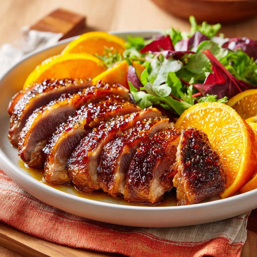 Pan-seared orange glazed duck breast sliced and presented with orange slices and salad, showing a close-up of the tender meat.