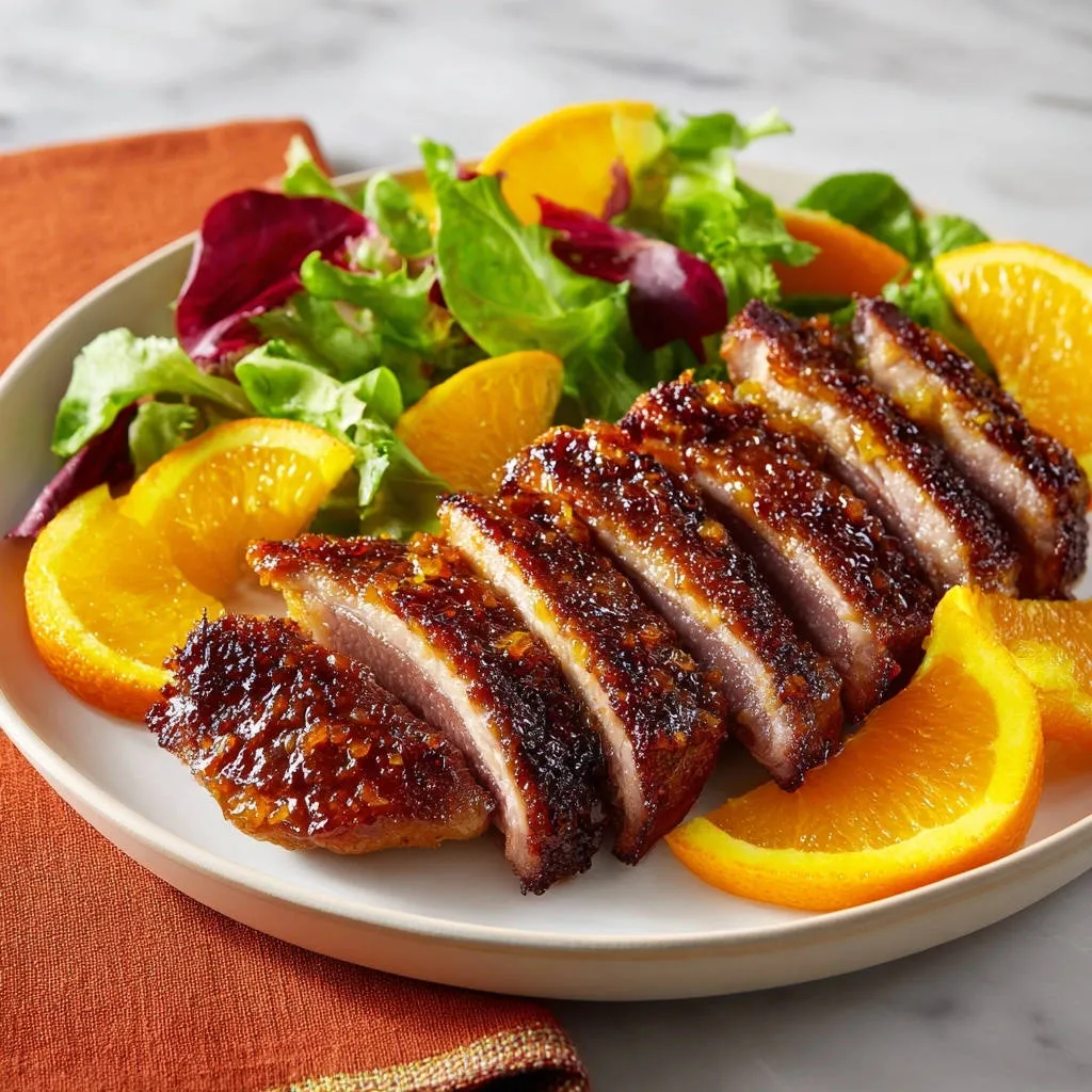 Pan-seared orange glazed duck breast, sliced and plated with fresh greens and orange slices.