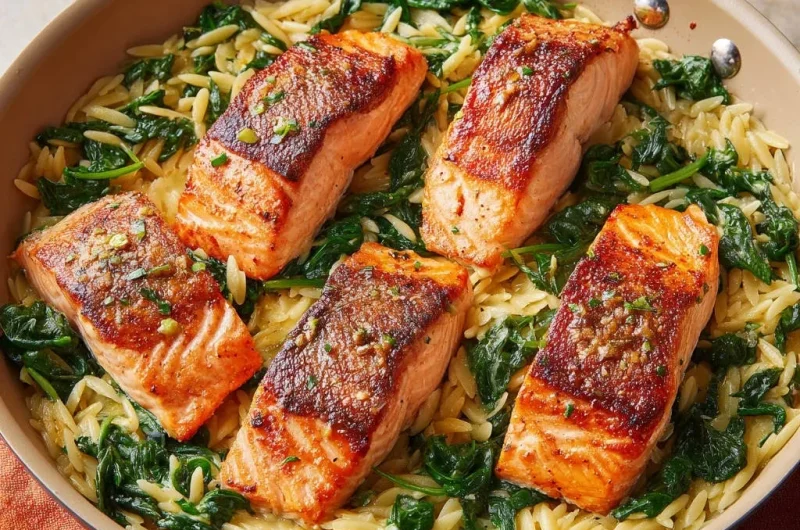 Pan-Seared Salmon with Lemony Orzo and Spinach