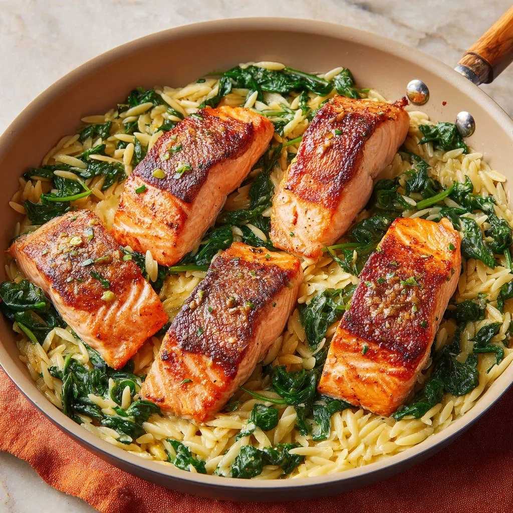 Pan-seared salmon with lemony orzo and spinach served in a skillet, presented in an overhead view.