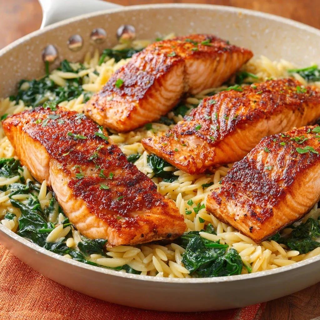 Pan-seared salmon with lemony orzo and spinach served in a skillet, presented in an overhead view.