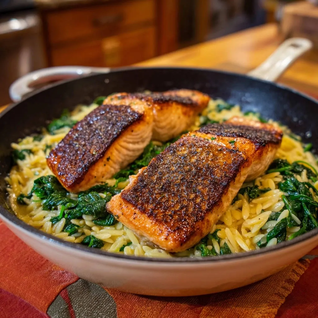 Pan-seared salmon with orzo and spinach served in a skillet, showcasing a beautiful golden-brown crust.