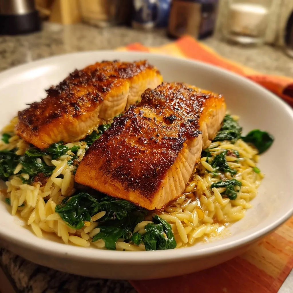 Pan-seared salmon with orzo and spinach, featuring two golden-brown fillets served atop a bed of pasta and greens.