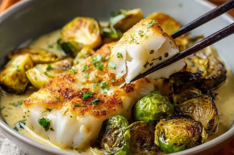 Pan-Seared White Fish with Creamy Brussels Sprouts